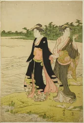 To kvinder venter på en færge på Sumida-floden