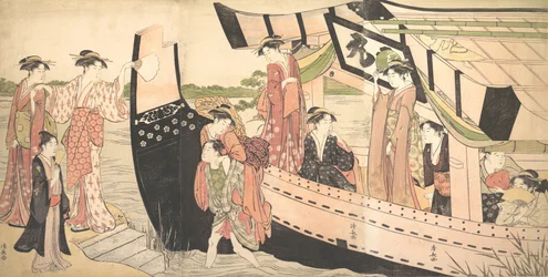 Kvinder lander fra en lystbåd trukket op til kysten ved Mukojima på Sumida-floden, ..., ca. 1785.