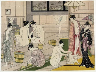 Kvinder i et offentligt bad. Japansk tryk af Torii Kiyonaga (1752-1815), omkring 1785. Torii-skolen (ukiyo-e eller ukiyoe).