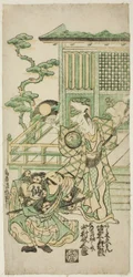 Skuespillerne Bando Hikosaburo I som Araki Shozaemon og Nakamura Sukegoro I som Daidoji Tahatanosuke i stykket "Chigozakura Futabajikki", opført på Ichimura Theatre i tiende måned, 1746