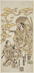 Skuespillerne Ichikawa Ebizo II som Musashibo Benkei, Sakata Shintaro (?) som Soga no Goro og Takigawa Kinya (?) som Soga no Juro i stykket "Sazareishi Suehiro Genji", opført på Nakamura Theatre i den første måned, 1744