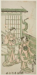 Skuespillerne Sanogawa Ichimatsu I som Minamoto no Yorimasa og Segawa Kikujiro I som Nobutsuras kone Karumo i stykket "Shusse Momijigari", opført på Ichimura-teatret i den ellevte måned, 1747.
