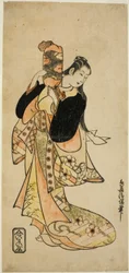 Skuespilleren Ichikawa Monnosuke I som Oiso no Tora i stykket "Nigiwai Suehiro Soga", opført på Morita Theatre i den første måned, 1721 (?)