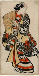 Skuespilleren Takii Hannosuke som feminin ung mand, ca. 1707 (håndkoloreret træsnit; tan-e, lodret o-oban)