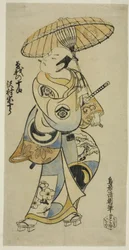 Skuespilleren Sawamura Sojuro I som Soga no Juro i stykket "Tsuru Kame Osana Soga," opførte på Ichimura Theatre i den første måned, 1721 (?)