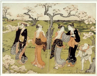 Picnic under kirsebærblomster i Assaakayama. Japansk tryk af Torii Kiyonaga (1752-1815), Ukiyo-E stil