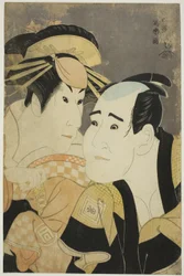 Skuespillerne Ichikawa Tomiemon (R) som Kanisaka Toma og Sanogawa Ichimatsu III (L) som den prostituerede Onayo fra Gion.