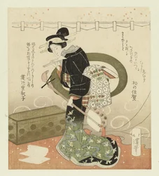 Kvinde med shamisen Pentatykon om at beundre blomster (serietitel) Hanami gobantsuzuki (serietitel på objekt)