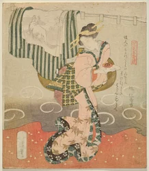 Kvinde med en sakekop foran et gardin og draperet kimono fra Five Sheets for Flower Viewing