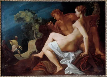 Angelique et Medor Illustration til "" Le Roland Furieux"" (Orlando Furioso) af Ludovic Ariosto (Arioste), der repræsenterer Medor (Medoro) og indskriver navnet på Angelique (Angelica), som han lige har sluttet sig til, på klippen - Nederst , Roland ankomm