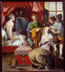 Hyante et Clymene a leur toilette Hyante (Hyanthe) et Clymene, to døtre af kongen af Kreta, som heberge Francus, forelsket i denne helte, har travlt på deres toilet for at seduire - Maleri af Toussaint Dubreuil (1561-1602) Dim 1, 07x0,96 m