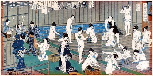 Badehusscene, et tryk af Toyohara Kunichika, 1800-tallet