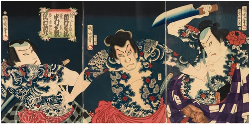 Kabuki-skuespillerne (fra højre mod venstre) Ichimura Kakitsu IV som Asahina Tobei, Nakamura Shikan IV som Washi no Chokichi og Sawamura Tosshi II som Yume no Ichirobei, IV/1868