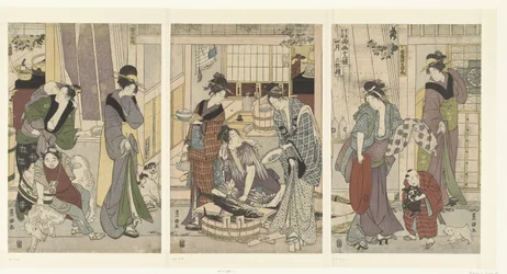 fiskehandler Den fjerde måned, en triptykon Yongatsu, sanbukutsui (titel på objekt) De tolv måneder af Toyohiro og Toyokuni (serietitel) Toyohiro Toyokuni ryoga juniko (serietitel på objekt)