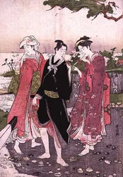 To piger og en ung på en strand, pub. ca. 1780
