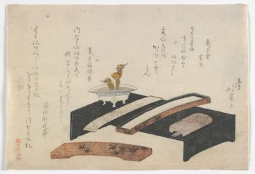 Surimono med illustration af et skrivebord, Edo-perioden, ca. 1800-10 (farve-træsnit)