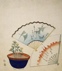 Vase med Adonis og to vifter dekoreret med digte af Ichotei Mitsunori og Fudegaki, ca. 1830