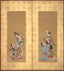 Shirabyoshi-danser og kvindelig tjener, kurtisane og pigebetjent, midten af 1700-tallet.