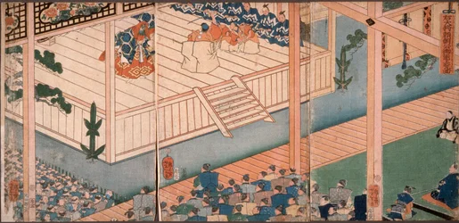 Højregeneralen, lord Yoritomo, inspicerer en særlig nō-opførelse