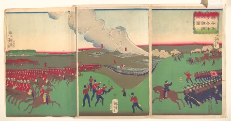 Illustration af kavaleri, infanteri og soldater på tilbagetog (Kiheitai, hoheitai, daichōren no zu)