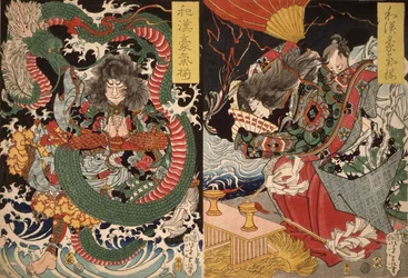 Tawaraya Tda and a Dragon og Ono no Komachi Praying for Rain fra serien Valor in China and Japan, 1868 (træblok i farver)