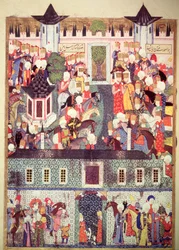 H 1517, fol. 17v, Suleiman den Prægtiges (1494-1566) tronbestigelse, fra »Suleymanname« af Arifi, 1558