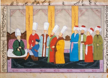 Osmannisk miniature forestillende en europæisk ambassadør ved Topkapi-paladsets hof, manuskript, Tyrkiet