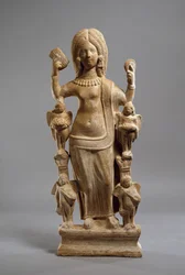 Terracotta statuette af Venus, eller en ung kvinde klædt på Venus, på hendes toilet, ca. 200-230 (terracotta)