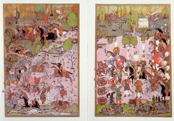 Slaget ved Mohacs, mellem tyrkerne og ungarerne, 1526, faksimile af en miniature, der er bevaret i Topkapi-museet i Istanbul