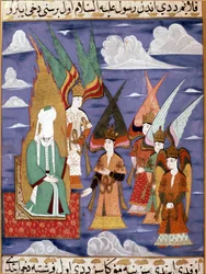 Profeten Muhammed (Mohammed eller Muhammed) (570-632) (ansigtsdækket) under hans 1700-tals persiske miniature-natrejse. Musee Topkapi Istanbul Tyrkiet