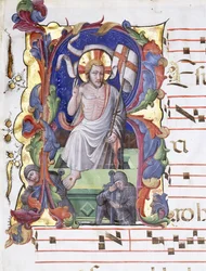 Meget stort historiebogstav "A", der viser opstandelsen, ca. 1400-1450