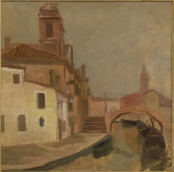 Huse og en bro i Chioggia (oliemaleri på lærred)