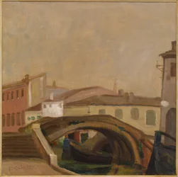 Huse og en bro i Chioggia (oliemaleri på lærred)