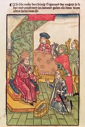 Kejser Sigismund (1367-1437) af Luxemburg modtager hyldest af sine ungarske undersåtter, 1483, (farvet træsnit) (se også 316982)