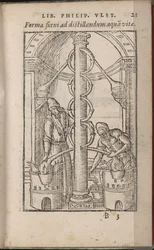 Alkymistisk apparat fra: The Book of the Secrets of Nature, 1556-1557