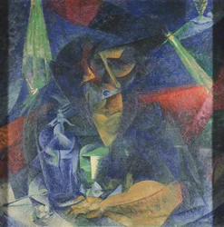 Nedbrydning af kvindefigur ved bordet af Umberto Boccioni (1882-1916), olie på lærred, 86x86 cm, ca. 1912