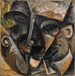 Dynamik i en mands hoved eller Komposition af en kvindes hoved eller Nedbrydning af et menneskehoved eller Linjer styrker en mands hoved (Dinamismo di una testa di uomo), af Umberto Boccioni
