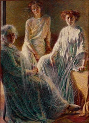 Tre kvinder. Alle tre klædt i hvidt symboliserer de livets tre aldre. Maleri af Umberto Boccioni (1882-1916), 1909-1910, Sol, 180 x 132 cm, privat samling