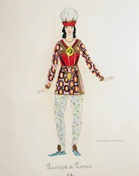 Kostume til Prinsen af Persien fra Turandot af Giacomo Puccini, skitse af Umberto Brunelleschi (1879-1949) til den første opførelse af operaen i Teatro alla Scala i Milano, 25. april