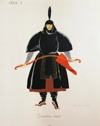 Kostume til de sorte vagter fra Turandot af Giacomo Puccini, skitse af Umberto Brunelleschi (1879-1949) til den første opførelse af operaen i Teatro alla Scala i Milano, 25. april