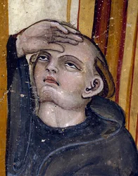 En munk ser på himlen. Detalje af det sidste møde den 06/02/547 af Saint Benedict of Nursie og hans søster Ste Scholastic, et par dage før nonnens død - Fresco