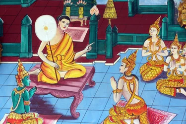 20151029, Vientiane, Laos: Wat Inpeng buddhisttempel. Maleri, der skildrer Shakyamuni Buddhas livshistorie