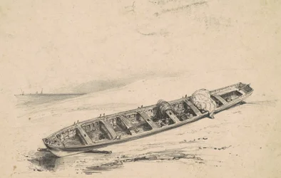 En strandet langbåd, 1800-tallet.