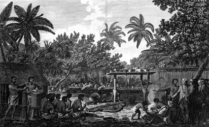 Et menneskeofring i en Morai, i Otaheite, i nærværelse af kaptajn Cook, c1773