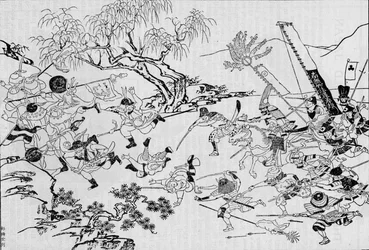 Et japansk kunstnerbillede af Japans invasion af Korea i 1592 1907