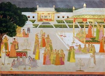 Et Mughal-maleri af en prinsesse og hendes damer, der fejrer Diwali