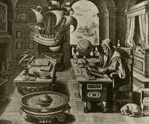 En navigationsekspert på arbejde i sit studie med globe og kompas, c1591, 1928.