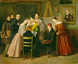 En maler og besøgende i et studie, ca. 1835.