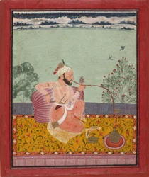 En Raja, der ryger en vandpibe. Kota, 1690-1710, Metropolitan museum