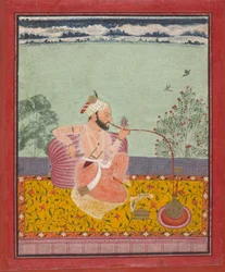 En Raja, der ryger en vandpibe, ca. 1690-1710.